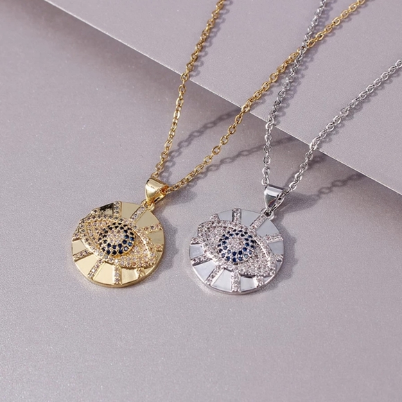 Stainless Steel Paved CZ Stone Evil Eye Necklace - Picture 4 of 6